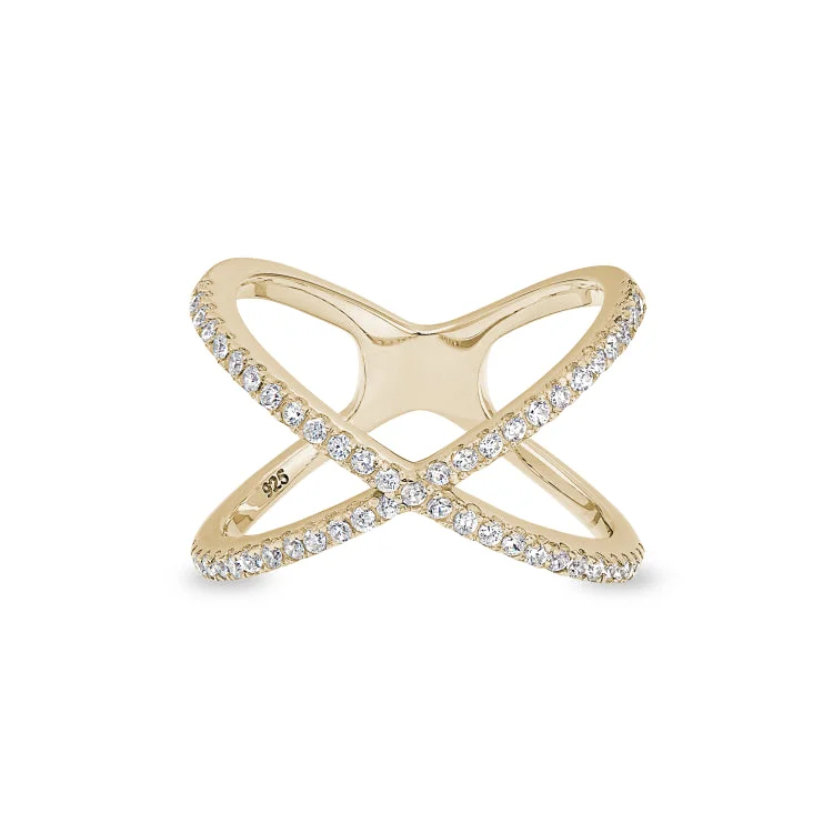 Ladies rings for serene elegance -Gold Finish Sterling Silver Micropave Criss-Cross Ring with Simulated Diamonds