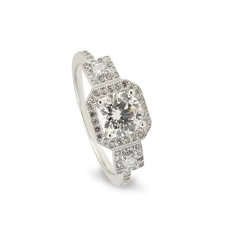 Ladies rings with fin shine -Platinum Finish Sterling Silver Micropave Octagon Ring with 59 Simulated Diamonds