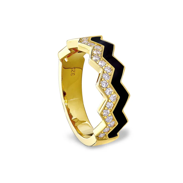 Ladies rings for cafe elegance -Gold Vermeil Sterling Silver Micropave Ring with with Black Enamel and Simulated Diamondss