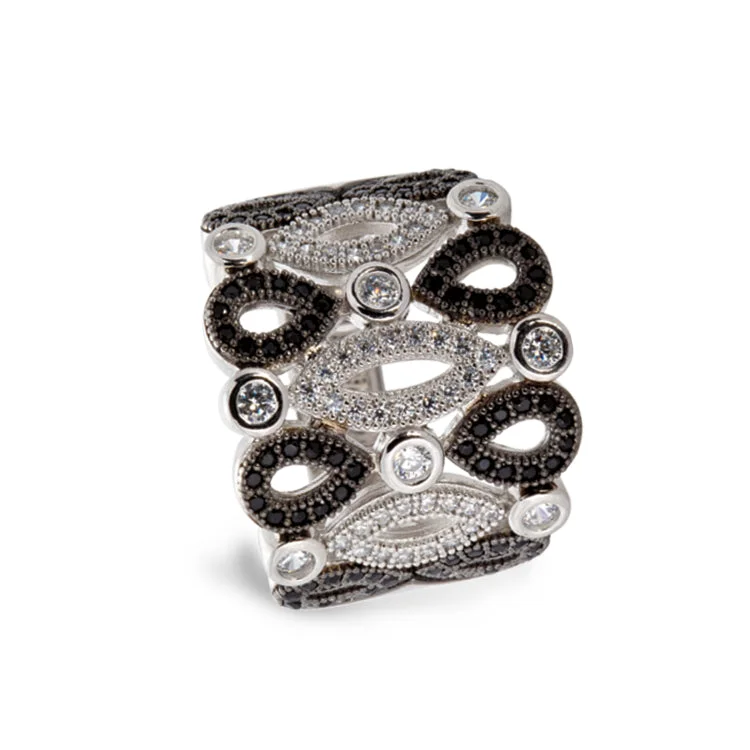 Ladies rings for harvest charm -Platinum & Black Rhodium Finish Sterling Silver Micropave Art Deco Ring with 136 Simulated Diamonds