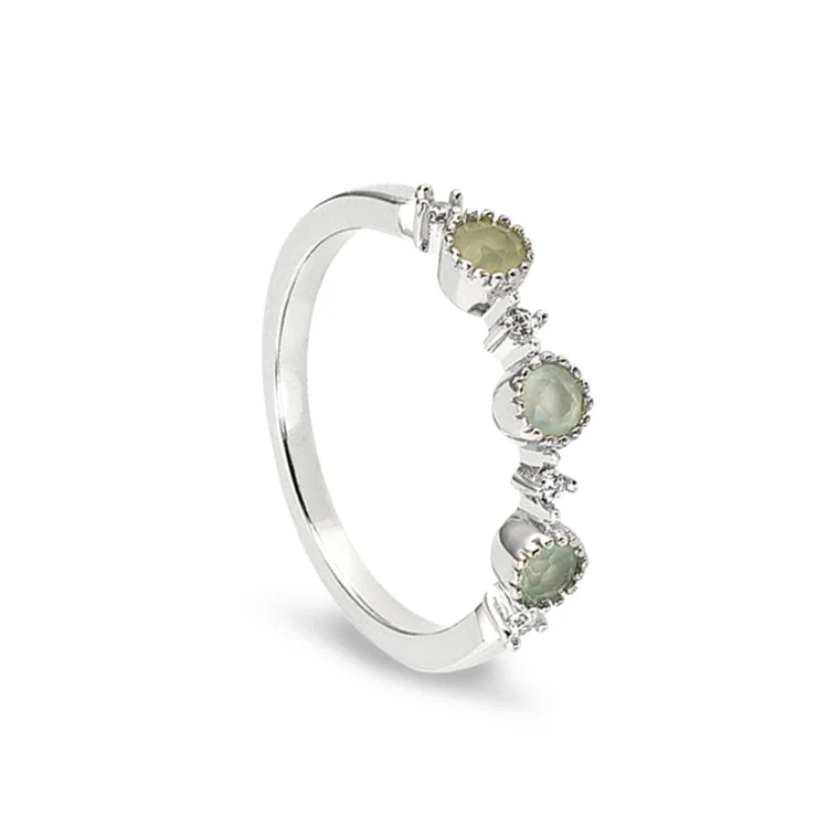 Ladies rings rugged shine -Platinum Finish Sterling Silver Green 3 Stone Ring with Simulated Diamonds