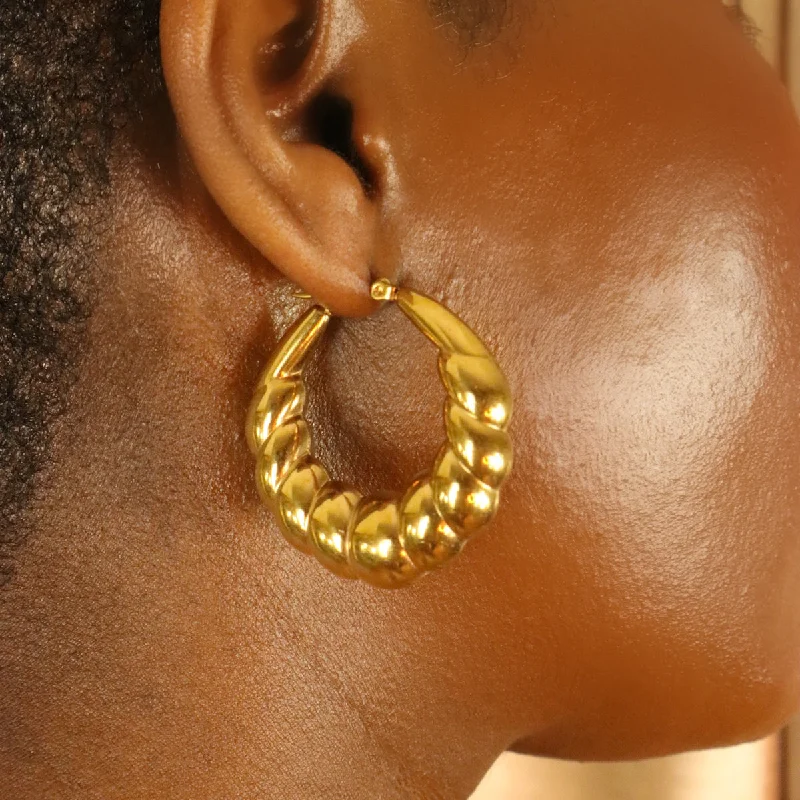 Ladies earrings with misty sapphire -Bamboo 18ct Gold Plated Stainless Steel Hoop Earrings