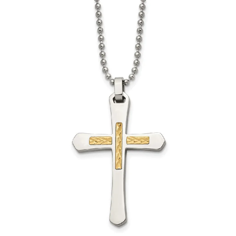 ladies-cross-curb-chain-necklaces-Stainless Steel & 14k Yellow Gold Accent D/C Cross Necklace, 22 Inch