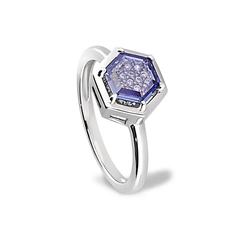 Ladies rings for trendy vibes -Platinum Finish Sterling Silver Flat Hexagon Synthetic Tanzanite Ring with Simulated Diamonds - Size 5