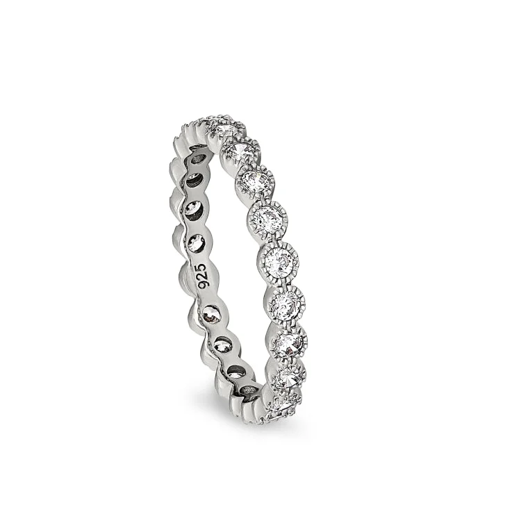 Ladies rings sleek elegance -Platinum Finish Sterling Silver Beaded Bezel Ring with Simulated Diamonds