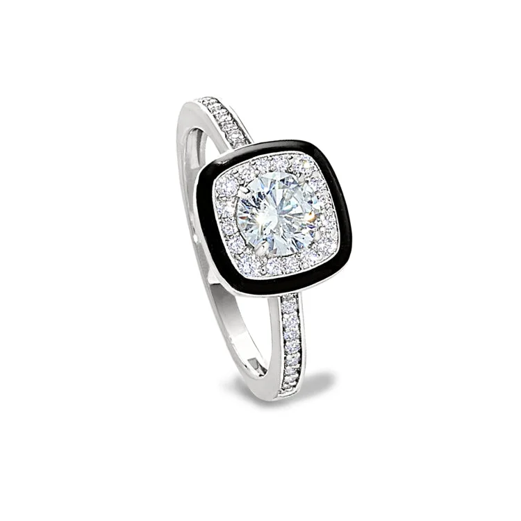 Ladies rings fine shine -Platinum Finish Sterling Silver Micropave Cushion Cut Ring with Thin Black Enamel and Simulated Diamonds - Size 7