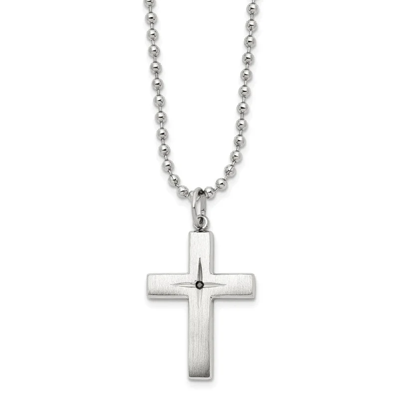 ladies-star-curb-chain-necklaces-Stainless Steel 0.015ct Black Diamond Brushed Cross Necklace, 24 Inch