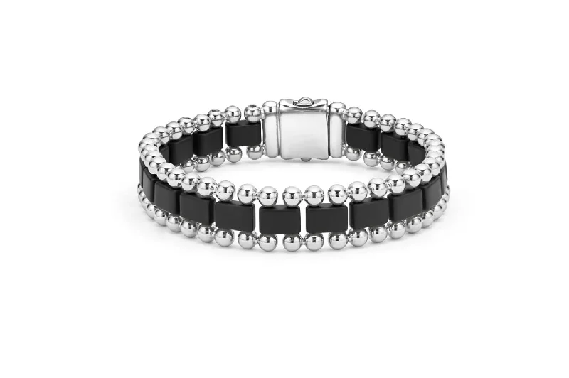 ladies-minimalist-slider-bracelets-Anthem Caviar Link Bracelet in Sterling Silver and Matte Black Ceramic, Size 8