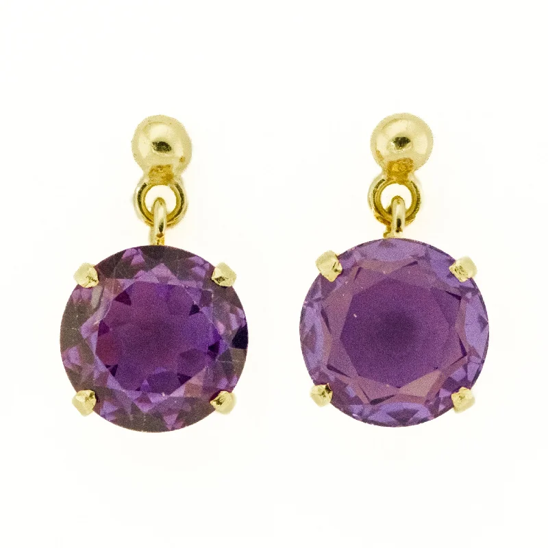 Ladies earrings retro shine -17.07ctw Round Purple Synthetic Sapphire Solitaire Drop Earrings in 18K Yellow Gold