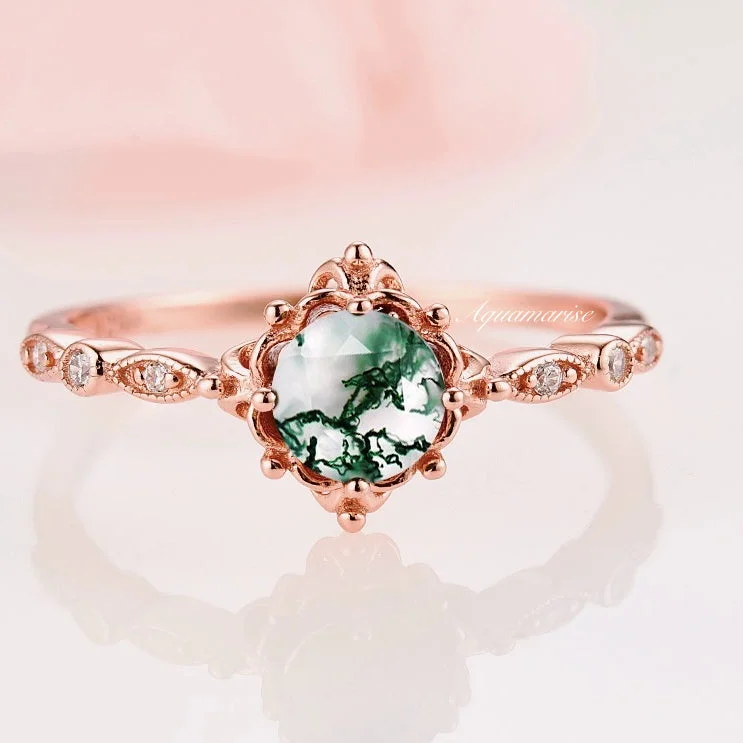 Ladies wedding rings for starry love -Natural Green Moss Agate Fairytale Engagement Ring- 14K Rose Gold Vermeil