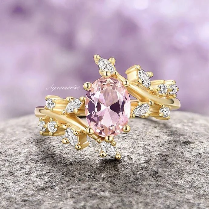 Ladies wedding rings futuristic vows -Morganite Leaf Fairy Engagement Ring- 14K Yellow Gold Vermeil