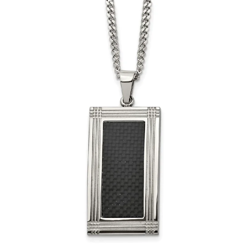 ladies-rose-gold-crystal-necklaces-Stainless Steel & Black Carbon Fiber Grooved Dog Tag Necklace, 24 Inch