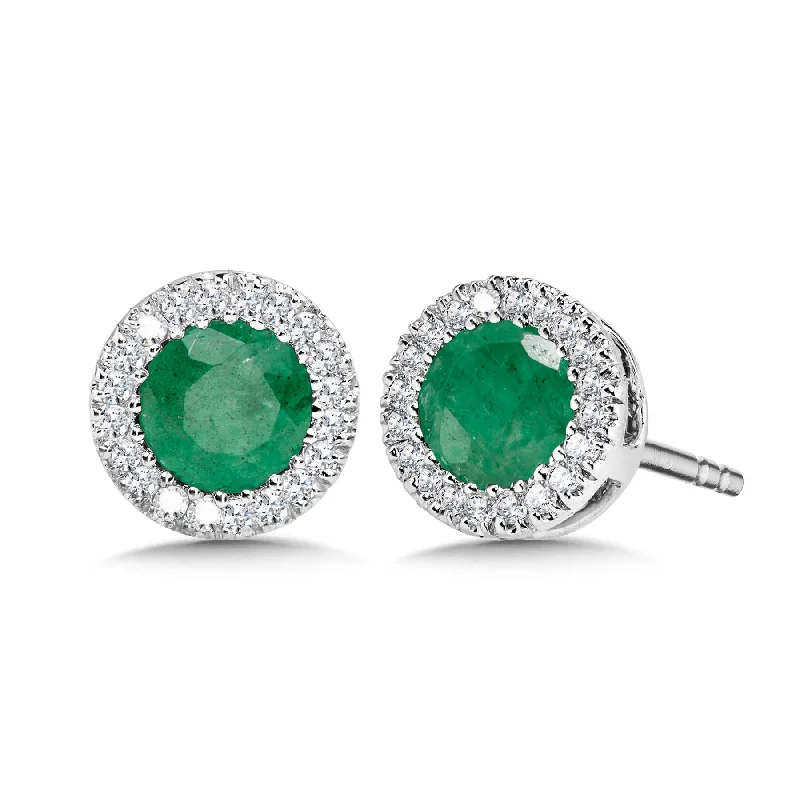 Ladies earrings titanium gleam -Emerald and Diamond Halo Stud Earrings in White Gold