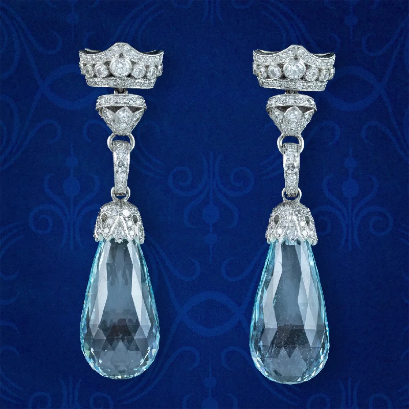 Ladies earrings sleek elegance -Art Deco Style Aquamarine Diamond Drop Earrings 18Ct Gold 25ct of Aqua