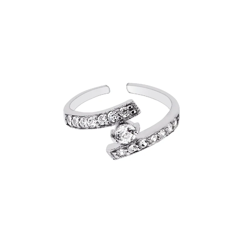 Ladies rings for starry elegance -Silver CZ Bypass Toe Ring with Round Solitaire CZ