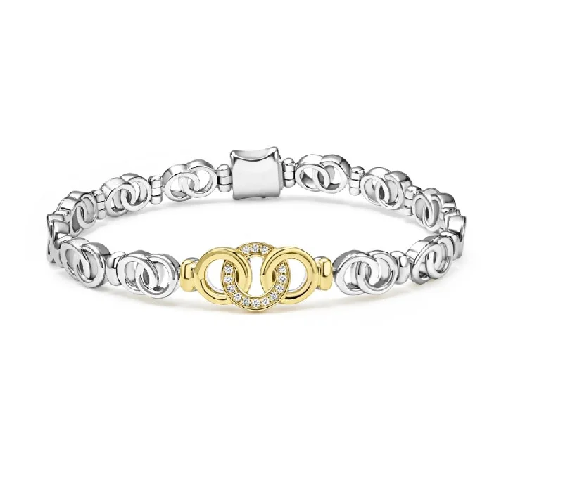 ladies-silver-diamond-bracelets-Signature Caviar 0.18Ct Diamond Interlocking Tapered Link Bracelet in 18K Yellow Gold and Sterling Silver, Size 8