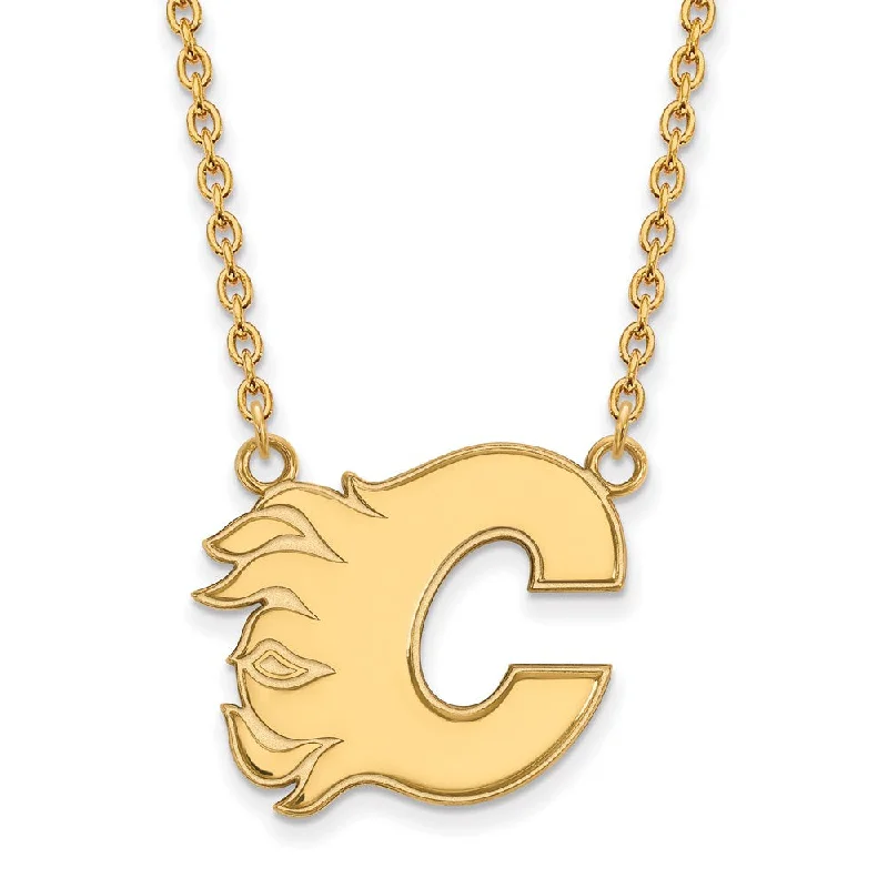 ladies-artisan-bar-pendant-necklaces-14k Yellow Gold NHL Calgary Flames Large Necklace, 18 Inch