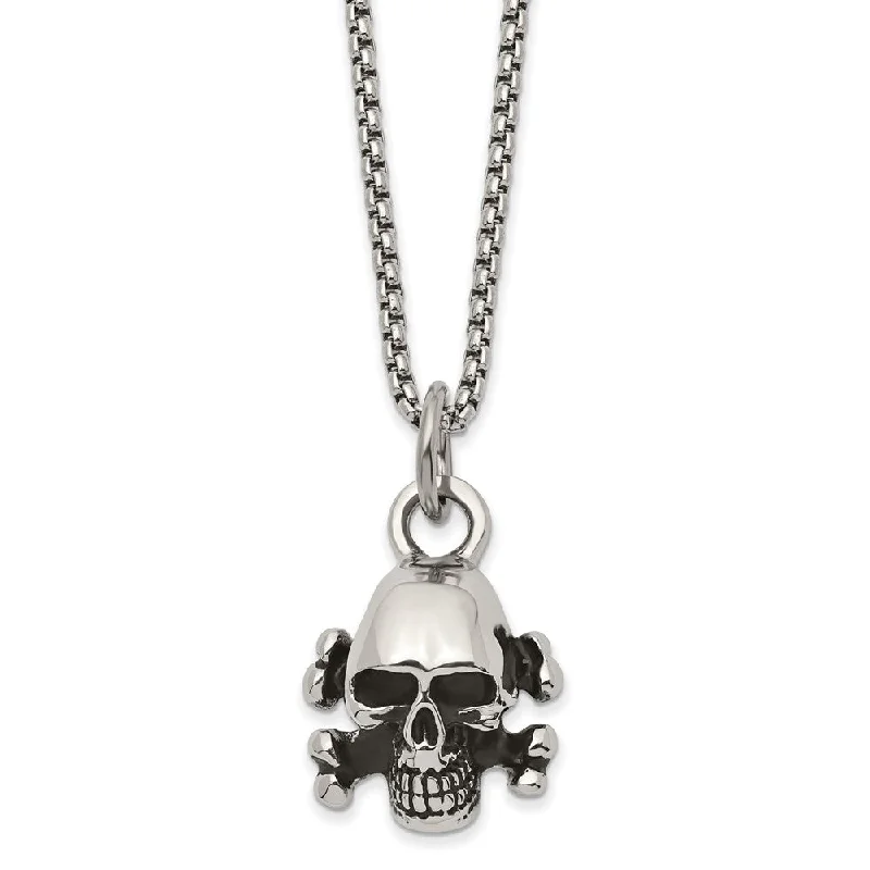 ladies-unique-box-chain-necklaces-Mens Stainless Steel Antiqued & Polished Small Skull Necklace, 24 Inch