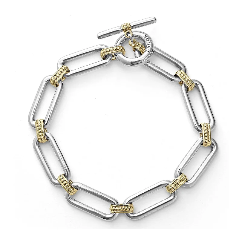 ladies-modern-slider-bracelets-Signature Caviar Link Bracelet in Sterling Silver and 18K Yellow Gold with Toggle Clasp Size 7