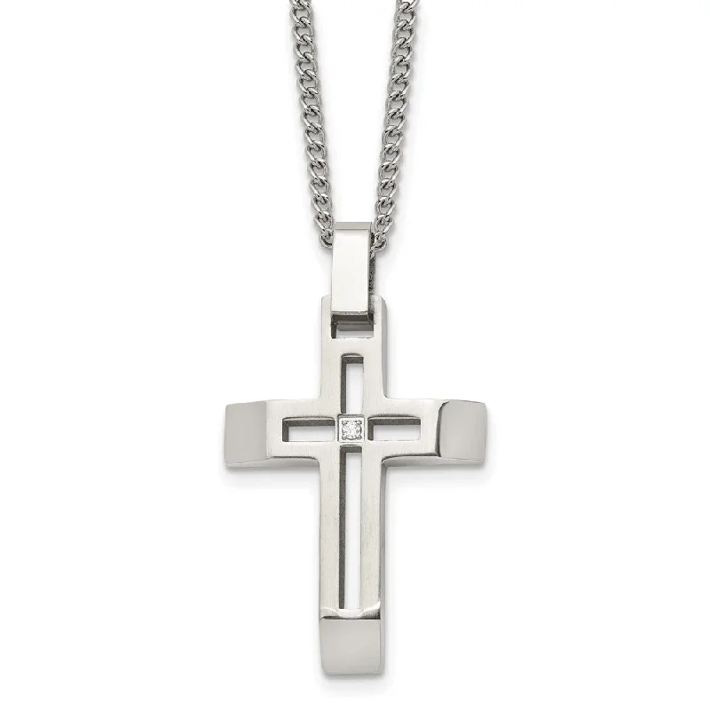 ladies-statement-beaded-choker-necklaces-Stainless Steel & CZ Brushed/Polished Beveled Cross Necklace, 22 Inch