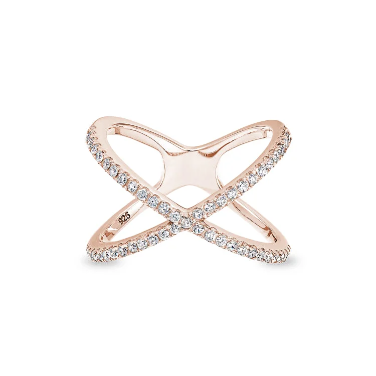 Ladies rings for cozy vibes -Rose Gold Finish Sterling Silver Micropave Criss-Cross Ring with Simulated Diamonds