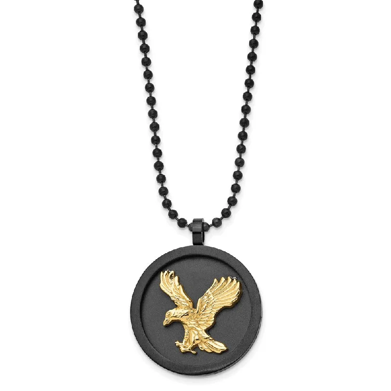 ladies-elegant-figaro-chain-necklaces-Stainless Steel Black & Gold Tone Plated Eagle Disc Necklace, 24 Inch