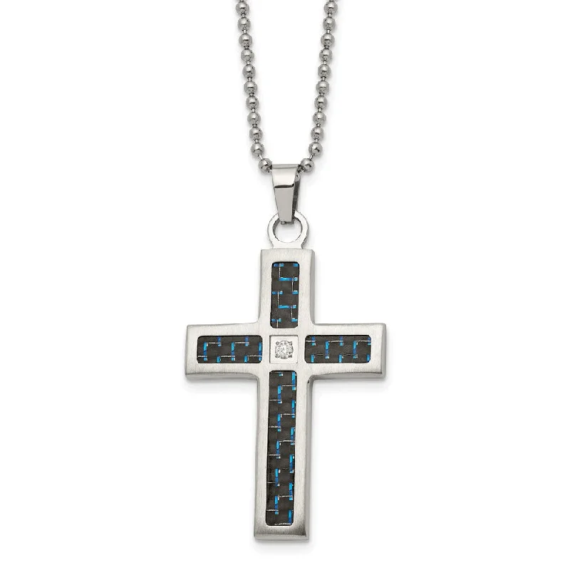 ladies-classic-bar-pendant-necklaces-Stainless Steel, Black/Blue Carbon Fiber & CZ Cross Necklace, 22 Inch