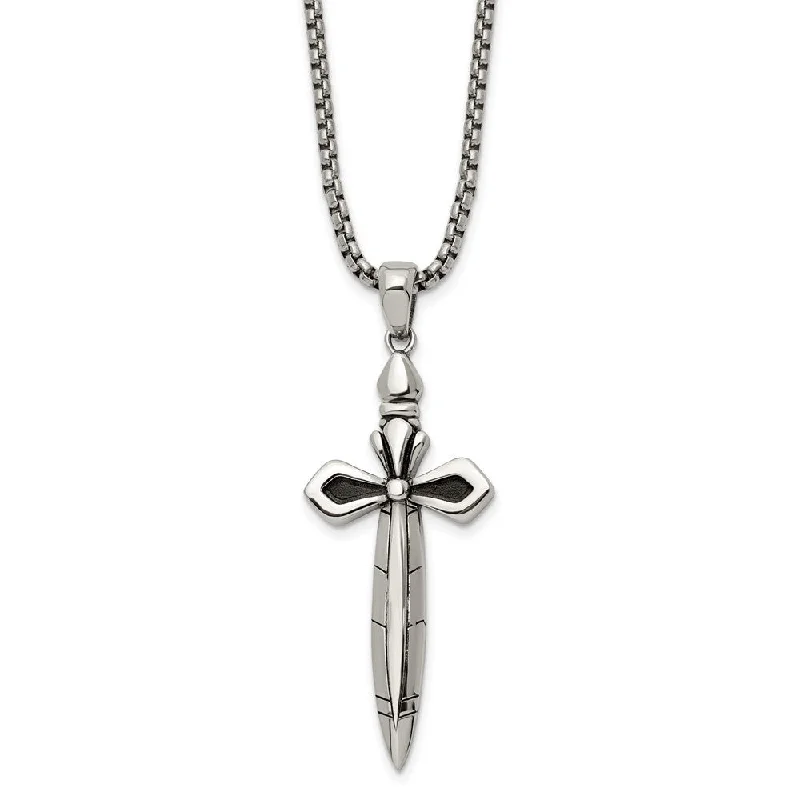 ladies-birthstone-bar-pendant-necklaces-Stainless Steel Antiqued & Polished Cross Sword Necklace, 24 Inch