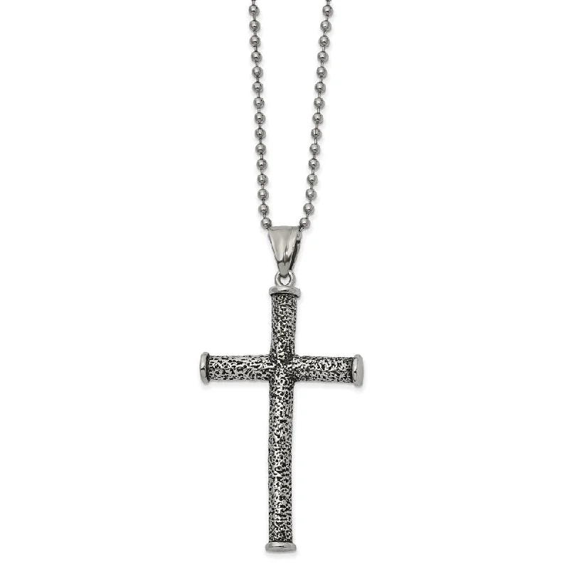 ladies-affordable-beaded-choker-necklaces-Stainless Steel Antiqued & Textured Large Tube Cross Necklace, 22 Inch