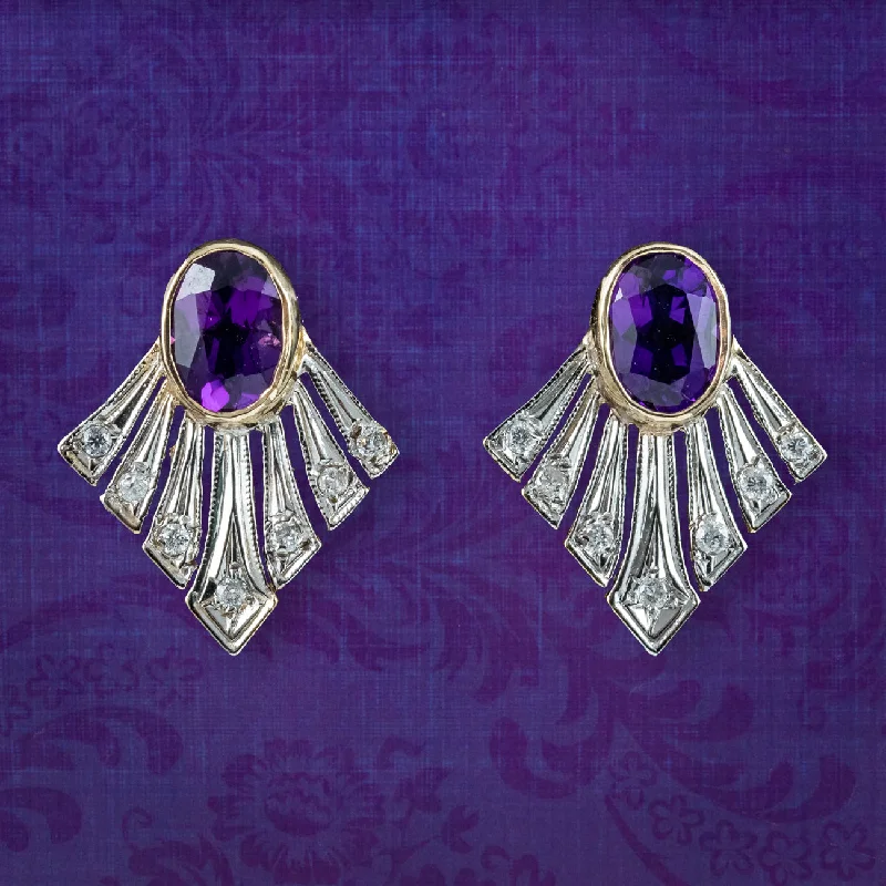 Ladies earrings smooth elegance -Art Deco Style Amethyst Diamond Fan Earrings 9ct Gold