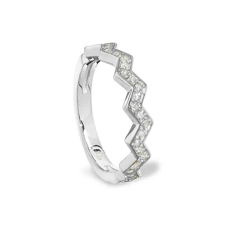 Ladies rings understated shine -Platinum Finish Sterling Silver Micropave Ups and Downs Ring with Simulated Diamonds