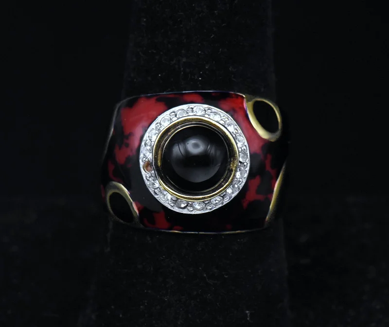 Ladies rings with wave designs -Vintage Italian Vermeil, Black Onyx and Enamel Ring - Size 8.75 READ DESCRIPTION