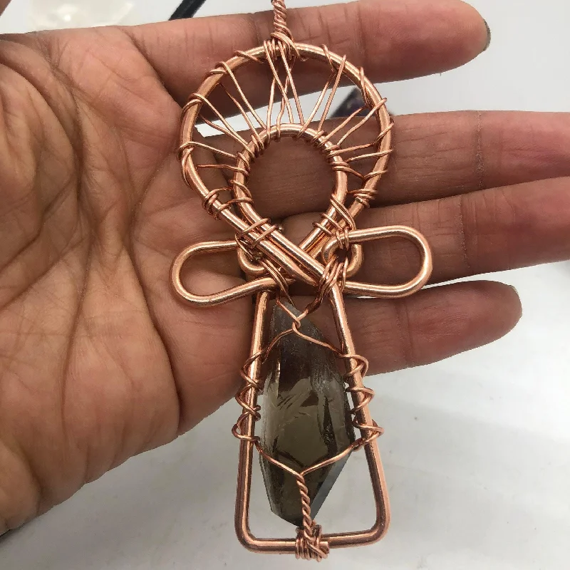 ladies-minimalist-multi-strand-necklaces-Smoky Crystal Quartz Copper Ankh Pendant Necklace Wirewrapped