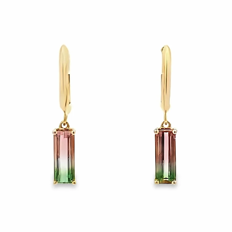 Ladies earrings with claw shine -Bi-Tourmaline Drop Earrings in Yellow Gold by Parle