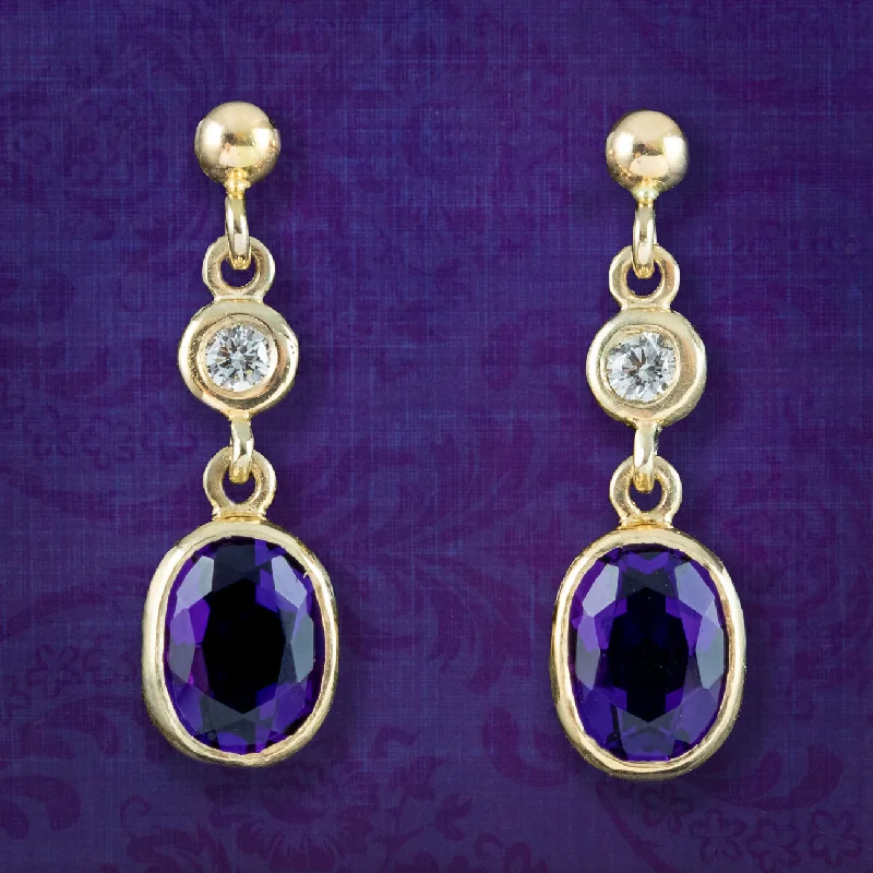 Ladies earrings modern shine -Edwardian Style Amethyst Diamond Drop Earrings 9ct Gold