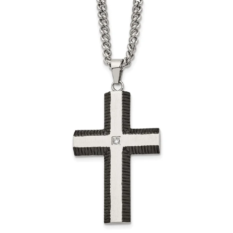 ladies-gold-crystal-necklaces-Stainless Steel, Black Plated & CZ Brushed Cross Necklace, 22 Inch