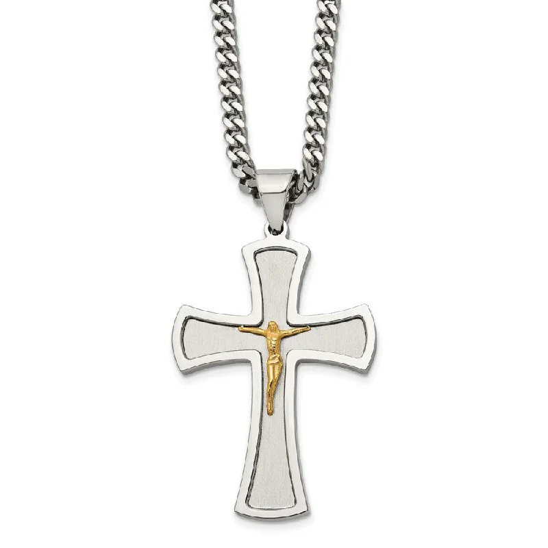 ladies-cross-multi-strand-necklaces-Stainless Steel & Gold Tone XL Crucifix Maltese Cross Necklace, 24 In