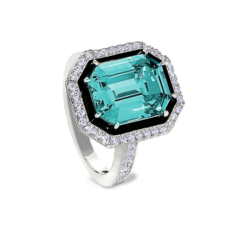 Ladies rings classic shine -Platinum Finish Sterling Silver Micropave Black Enamel & Aqua Spinel Octagon Ring with Simulated Diamonds - Size 6