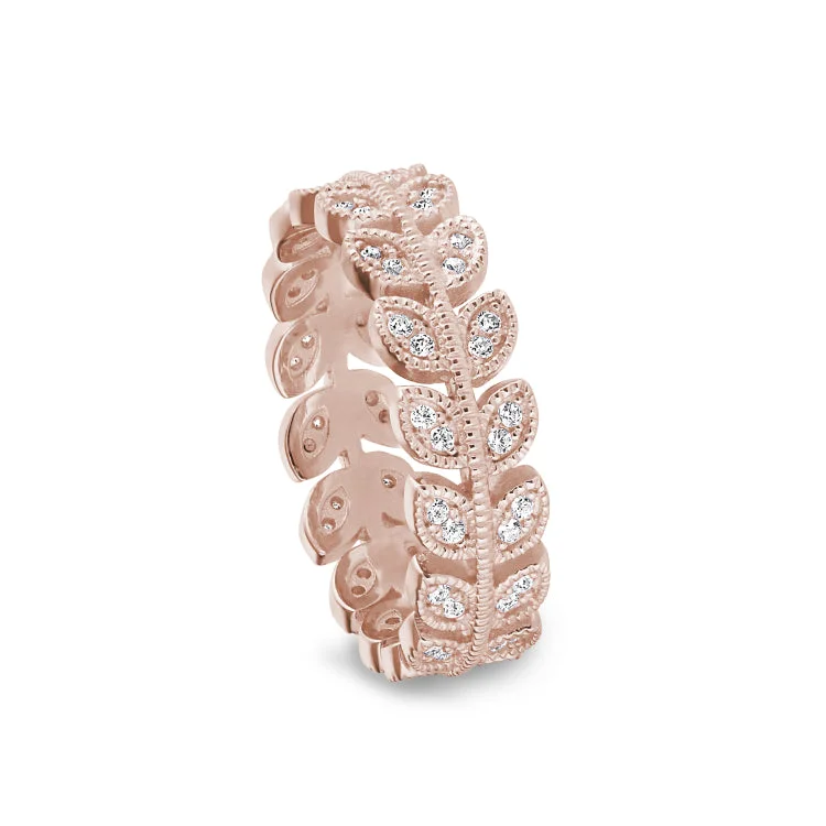 Ladies rings expert shine -Rose Gold Finish Sterling Silver Micropave Leaf Ring with Simulated Diamonds