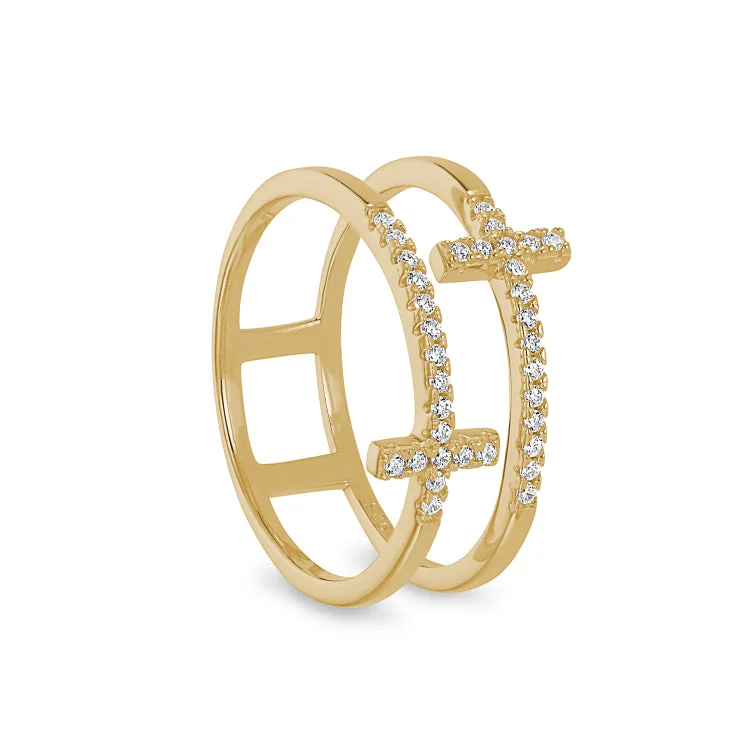 Ladies rings with chest motifs -Gold Finish Sterling Silver Micropave Double Cross Ring with Simulated Diamonds