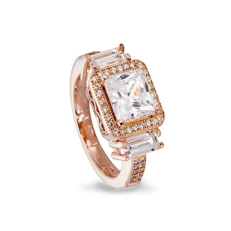 Ladies rings for wild charm -Rose Gold Finish Sterling Silver Micropave Princess Cut Ring with 51 Simulated Diamonds