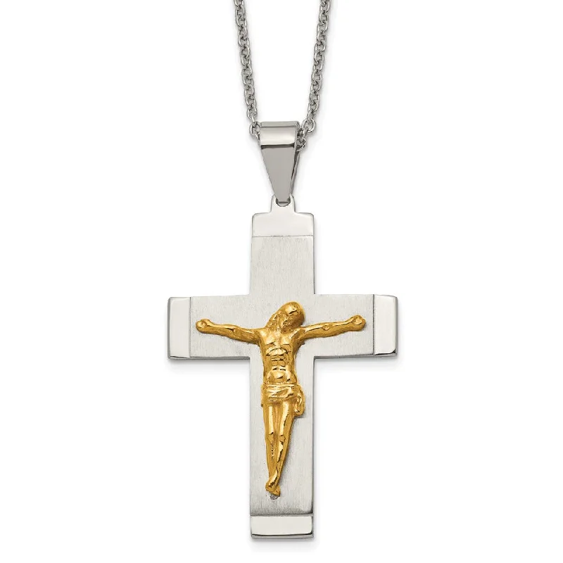 ladies-moon-box-chain-necklaces-Stainless Steel & Gold Tone Plated Large Crucifix Necklace, 20 Inch