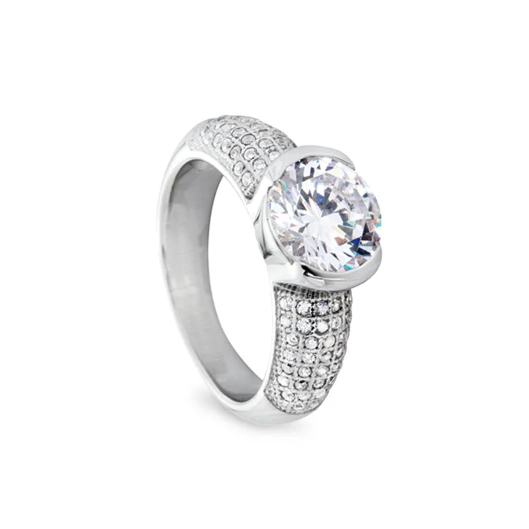 Ladies rings gentle charm -Platinum Finish Sterling Silver Micropave Round Ring with 77 Simulated Diamonds