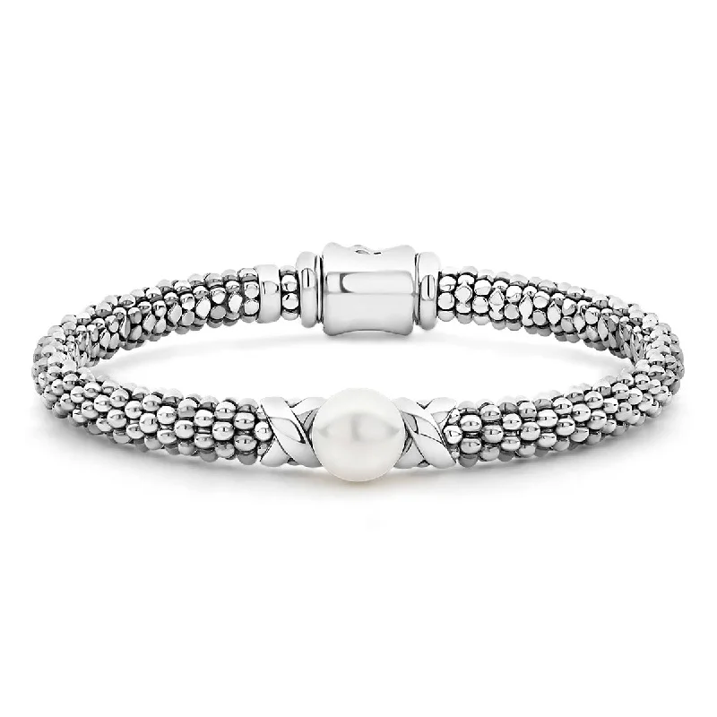 ladies-elegant-rigid-link-bracelets-Silver X Pearl Caviar Bracelet