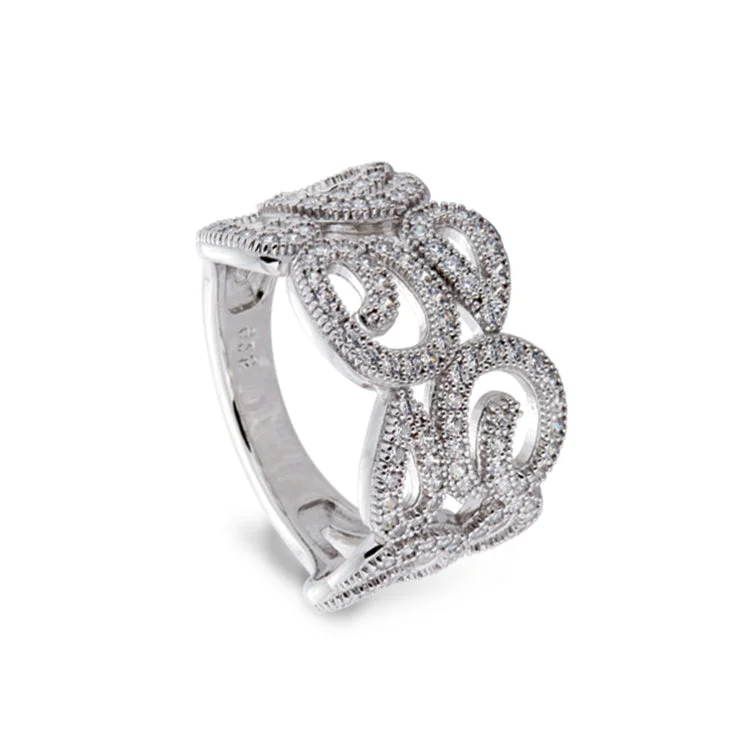 Ladies rings weathered elegance -Platinum Finish Sterling Silver Micropave Swirl Ring with 126 Simulated Diamonds