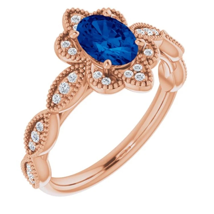 Ladies rings for coastal charm -14K Rose Lab-Grown Blue Sapphire & 1/8 CTW Natural Diamond Ring