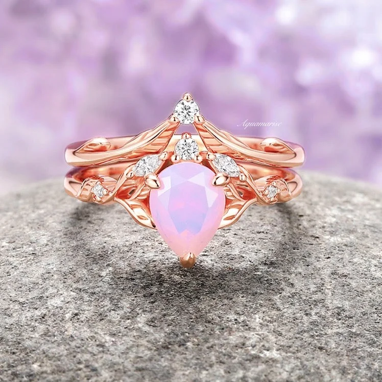 Ladies wedding rings polished romance -Airee Opalescent Pink Sapphire Engagement Ring Set- 14K Rose Gold Vermeil