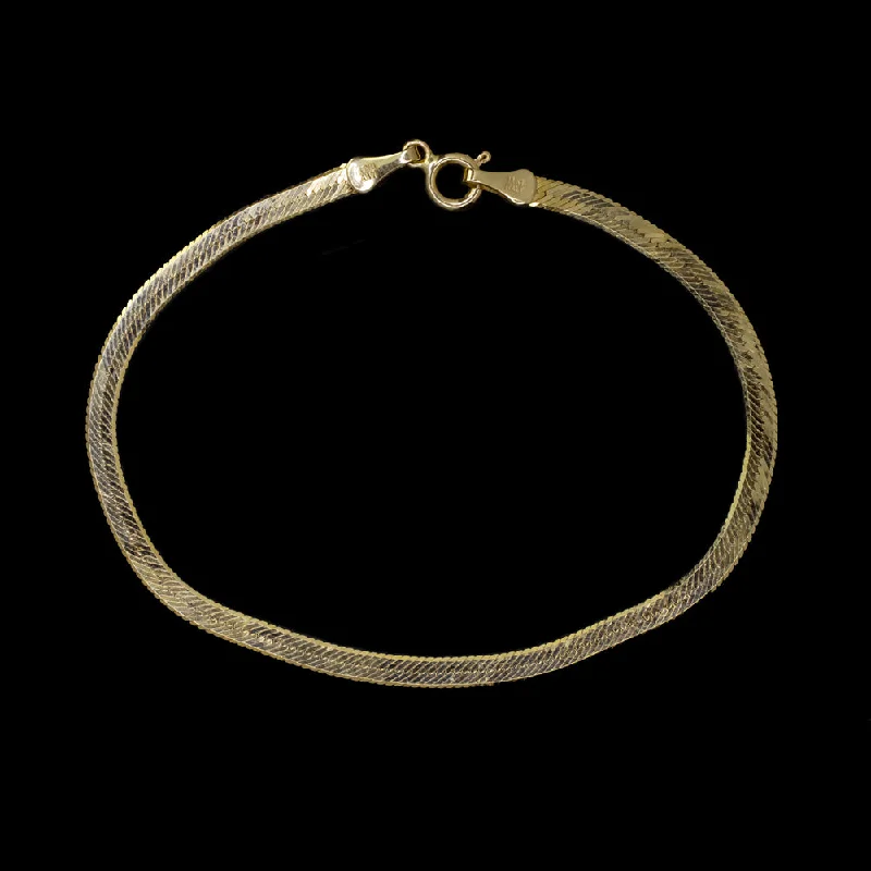 ladies-wedding-crystal-bracelets-SOLID 14K YELLOW GOLD FLAT SNAKE CHAIN BRACELET 3mm HERRINGBONE ITALIAN CLASSIC