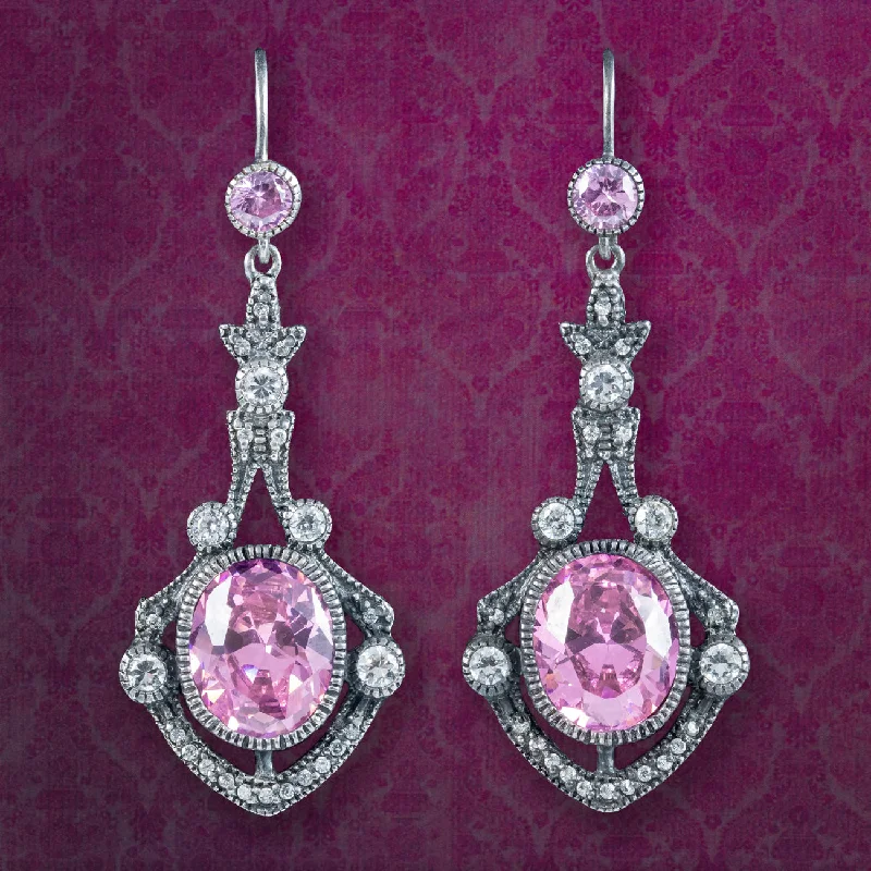 Ladies earrings vintage elegance -Edwardian Style Pink CZ Drop Earrings Sterling Silver