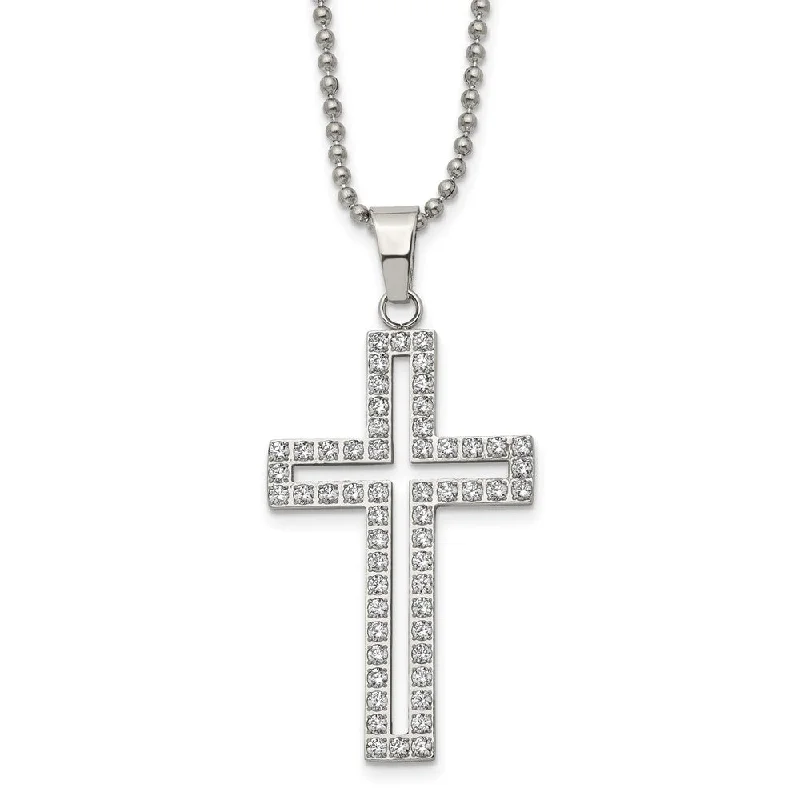 ladies-custom-figaro-chain-necklaces-Stainless Steel & White CZ Voided Cross Necklace, 22 Inch